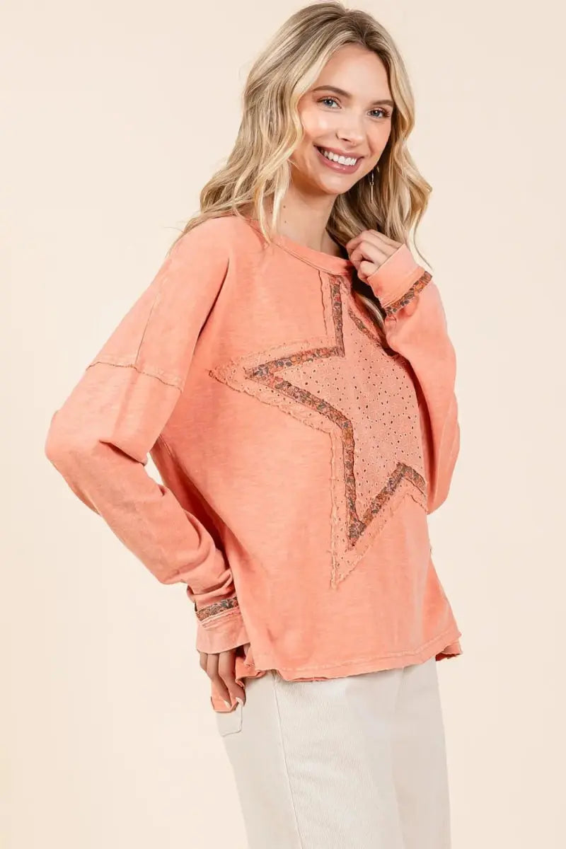 Mittoshop Mineral Wash Star Patch Long Sleeve T-Shirt for Women - Love Salve